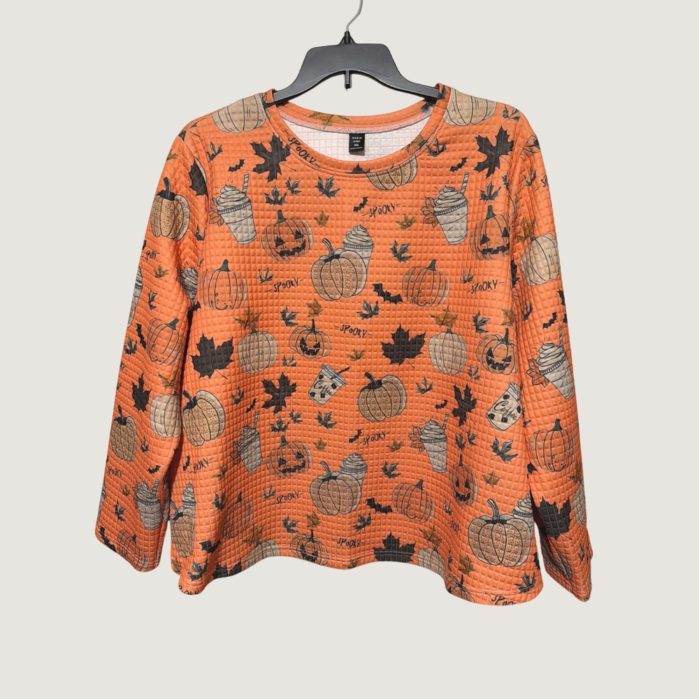SHEIN Curve 4XL Halloween Pumpkin Spooky Waffle Knit Sweatshirt Orange Plus Size